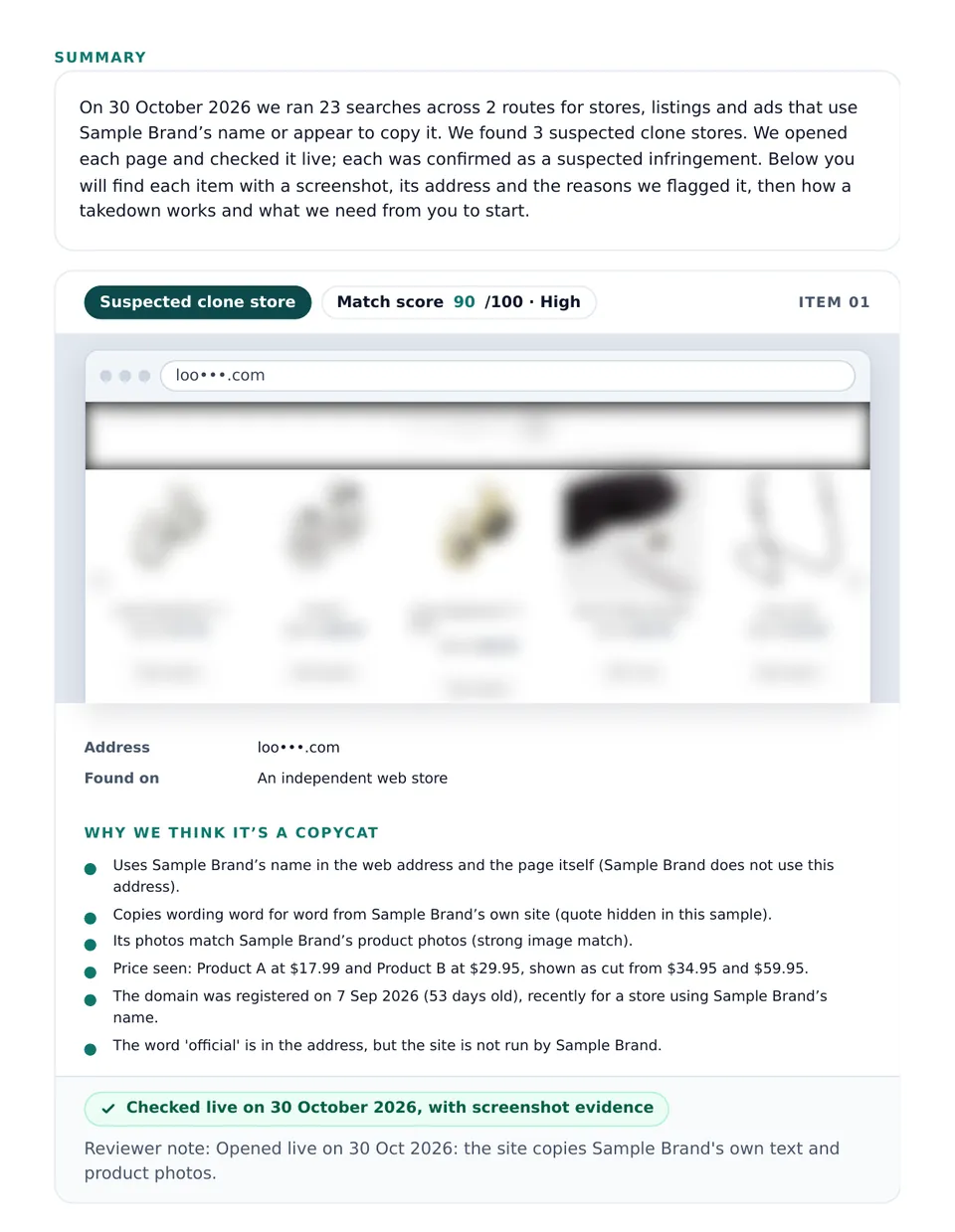 Page 2 of the sample proof report: a summary of the scan, then item 01, a suspected clone store with a blurred screenshot, a match score of 90 out of 100 and the reasons it was flagged
