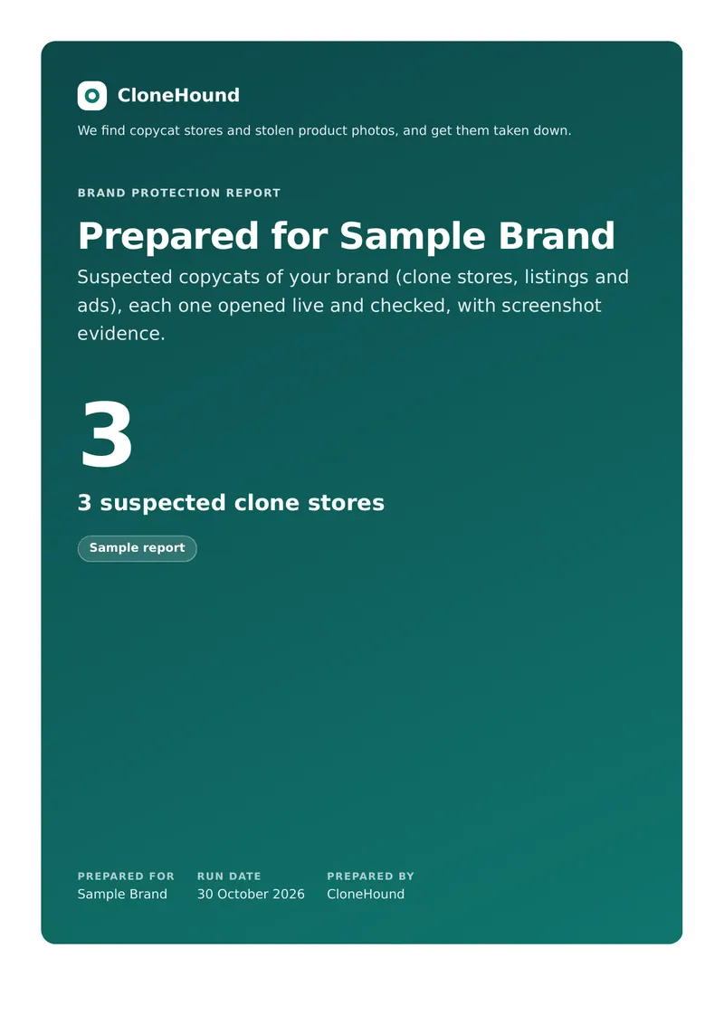 Report cover: prepared for Sample Brand, 3 suspected clone stores